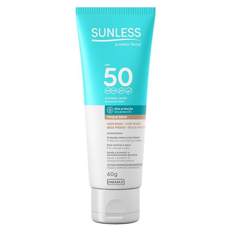 Protetor Solar Facial Sunless Toque Seco Com Base Fps 50 Bege Médio 60g